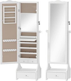 HOMCOM Oglindă pentru bijuterii cu iluminare LED Dulap bijuterii cu oglindă reglabilă pe 4 unghiuri Sertare Etajeră interioară pliabilă Alb | Aosom Romania