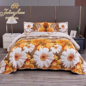 Cuvertura pentru pat dublu cu 2 fete  matlasata  Bumbac Satinat Superior  Portocaliu  flori