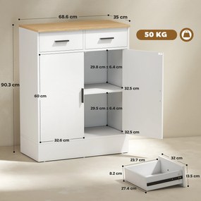 HOMCOM Bufet Modern 2 Sertare și Dulap cu 2 Uși, Raft Interior Reglabil, Alb și Lemn | Aosom Romania