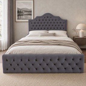 Pat tapițat din catifea Imperio cu nasturi 140×200 cm, gri închis, cu ladă de depozitare
