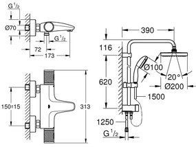 Coloana cada/dus cu termostat, Grohe Grohtherm Performance, palarie 210mm, para dus 1 tip jet,crom(34830000 ,26381001  )