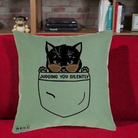 Perna Decorativa Judging You Silently Pisica Buzunar, 40x40 cm, Verde, Husa Detasabila, Perna Inclusa, BEKZ®