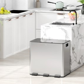 HOMCOM Pubelă de reciclare 45L cu 3 compartimente și închidere silențioasă, din oțel inoxidabil și PP, 61.9x36.6x43.2 cm, argintiu | Aosom Romania