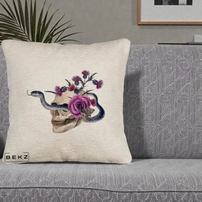Perna Decorativa Craniu cu Sarpe si Trandafiri Gothic, 40x40 cm, Bej Canapea, Husa Detasabila, Perna Inclusa, BEKZ®