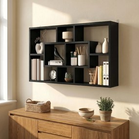 HOMCOM Etajeră de Perete cu 8 Compartimente, 85 x 14,5 x 47,5 cm, Lemn, Negru | Aosom Romania