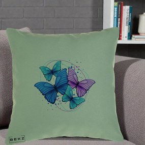 Perna Decorativa Patru Fluturi Turcoaz-Violet, 40x40 cm, Verde, Husa Detasabila, Perna Inclusa, BEKZ®