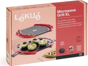 Grill pentru cuptorul cu microunde Lekue 1009082, 27x20,7,8x4,4 cm, Silicon platinat, Otel cu strat antiaderent, 0 / +240 °C, Rosu