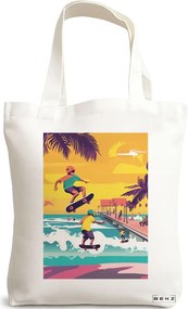 Sacosa de Panza pentru Cumparaturi, Geanta Tote, model Tropical Sunset 3 38 x 34.5 cm, Alba, BEKZ®