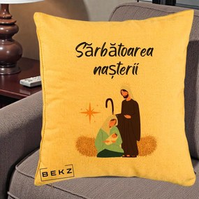 Perna Decorativa Nasterea Domnului Sfanta Familie Sarbatoarea Nasterii, 40x40 cm, Galben, Husa Detasabila, Perna Inclusa, BEKZ®