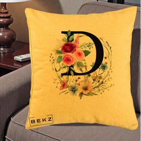 Cadou Personalizat - Perna Personalizata Monogram Litera D cu Flori Acuarela, 40x40 cm, Galben, Husa Detasabila, Perna Inclusa, BEKZ®
