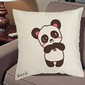 Perna Personalizata Panda Kawaii cu Bambus, 40x40 cm, Ecru, Husa Detasabila, Perna Inclusa, BEKZ®