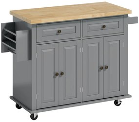 HOMCOM Căruț de Bucătărie cu 2 Sertare și 2 Dulapuri, Insulă de Bucătărie cu Blat din Lemn, 111x44,5x82,5 cm, Gri | Aosom Romania