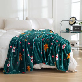 Patura microplus de Craciun SNOWMAN AND GINGERBREAD verde Dimensiuni: 150 x 200 cm
