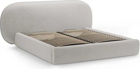 Pat matrimonial gri deschis tapițat cu spațiu de depozitare cu somieră 160x200 cm Ovalo – Micadoni