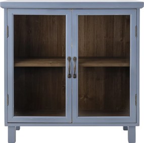 Vitrină vintage din lemn masiv, albastru mat, cu 2 uși din sticlă și interior maro, „Hazem", 80 x 35 x 80 cm