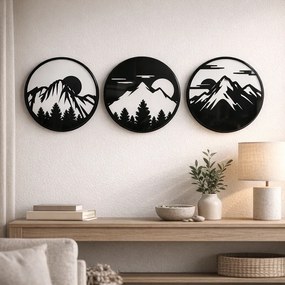 Set 3 modele decorative cu munți, brazi și soare în compoziții circulare