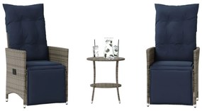 vidaXL Set bistro 3 piese cu perne, gri, poliratan