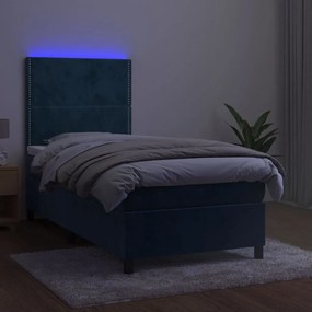 Pat cu arcuri, saltea si LED, bleumarin, 90x190 cm, catifea Albastru inchis, 90 x 190 cm, Culoare unica si cuie de tapiterie