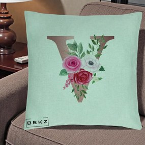 Cadou Personalizat - Perna Personalizata Monograma Rose Gold Litera V, 40x40 cm, Verde Menta, Husa Detasabila, Perna Inclusa, BEKZ®