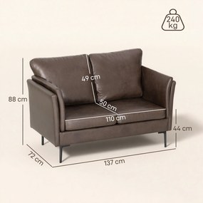 HOMCOM Canapea cu 2 Locuri Îmbunătățită în Țesătură cu Efect de Piele Respirabilă cu Brațe Înalte Curbe și Perne, Canapea Compactă Modernă pentru Sufragerie, Sală de Ședere și Studiu, 137x72x88 cm, Maro Închis | Aosom Romania