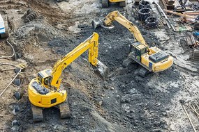 Ilustrație Aerial view of diggers at construction site, Don Mason