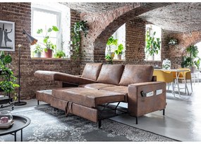 Colțar extensibil din imitație de piele cu șezlong pe partea stângă Miuform Lofty Lilly Vintage, maro