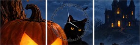 Tablou - Pisică neagră lângă un dovleac luminat de Halloween (cu ceas) (90x30 cm)