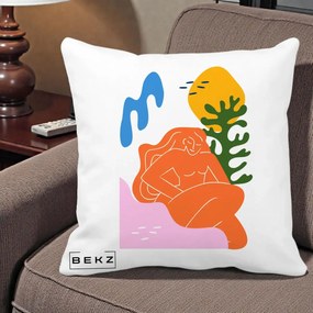 Perna Decorativa Femeie Portocalie Relaxata, 40x40 cm, Alba Mata, Husa Detasabila, Perna Inclusa, BEKZ®