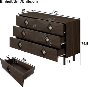 Masă de machiaj cu 6 sertare, mânere din ratan, spațiu mare de depozitare, pentru dormitor și living, 120x40x74,5 cm, Culoare naturală