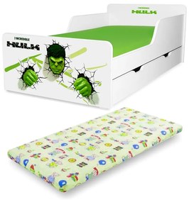 Pat copii Hulk 2-12 ani cu sertar si saltea inclusa