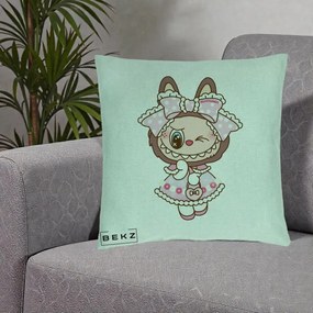 Perna Personalizata Labubu Lolita Roz cu Dantela, 40x40 cm, Verde Menta, Husa Detasabila, Perna Inclusa, BEKZ®