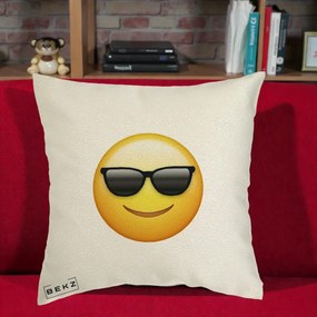 Perna Decorativa Emoji Cool Ochelari, 40x40 cm, Ecru, Husa Detasabila, Perna Inclusa, BEKZ®