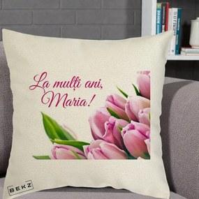 Cadou de Onomastica - Perna Personalizata La Multi Ani Maria Lalele, 40x40 cm, Ecru, Husa Detasabila, Perna Inclusa, BEKZ®