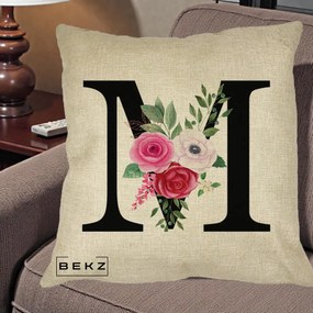 Cadou Personalizat - Perna Personalizata Monograma Florala Litera M cu Trandafiri si Anemona, 40x40 cm, Crem, Husa Detasabila, Perna Inclusa, BEKZ®