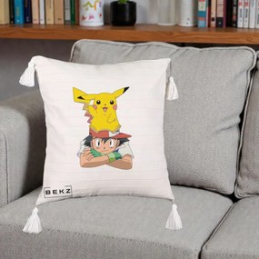 Perna Personalizata Ash si Pikachu, 40x40 cm, Bej cu Franjuri, Husa Detasabila, Perna Inclusa, BEKZ®