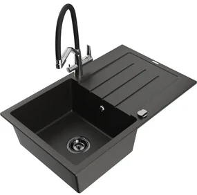 Mexen Bruno chiuvetă de granit cu o cuvă și scurgător și baterie de bucătărie Duo, negru/auriu metalic - 6513-75-671701-07-B