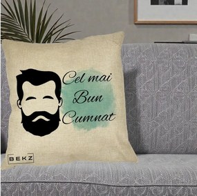 Cadou pentru Cumnat - Perna Personalizata Cel mai Bun Cumnat cu Portret Barbat si Pete Teal, 40x40 cm, Crem, Husa Detasabila, Perna Inclusa, BEKZ®