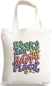 Sacosa de Panza pentru Cumparaturi, Geanta Tote, model Books are my happy place 38 x 34.5 cm, Alba, BEKZ®