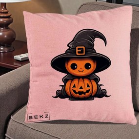 Perna Decorativa Halloween Dovleac Vrajitor Kawaii, 40x40 cm, Roz, Husa Detasabila, Perna Inclusa, BEKZ®