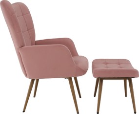Fotoliu cu suport pentru picioare, ţesătură Velvet roz/stejar, HABEN