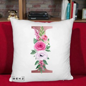 Cadou Personalizat - Perna Personalizata Monograma Rose Gold Litera I, 40x40 cm, Alb Pufos, Husa Detasabila, Perna Inclusa, BEKZ®