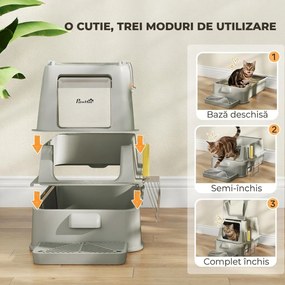 PawHut Litieră închisă pentru pisici de 80L cu tavă detașabilă, din ABS și oțel inoxidabil, 63x43x43 cm, gri deschis | Aosom Romania