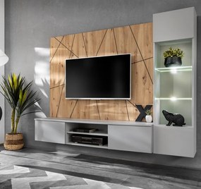 Set mobila living, suspendata, prindere perete, cu spatiu pe mijloc, usi deschidere prin apasare, vitrina cu led, stejar artisan -dungi negre gri mat