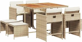 vidaXL Set de masă pentru grădină, 9 piese, cu perne, bej, poliratan