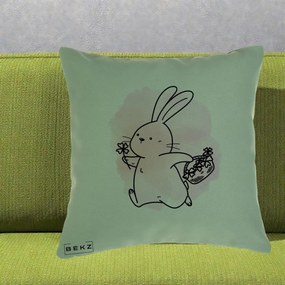 Perna Decorativa Iepuras Kawaii cu Cosulet Floral, 40x40 cm, Verde, Husa Detasabila, Perna Inclusa, BEKZ®