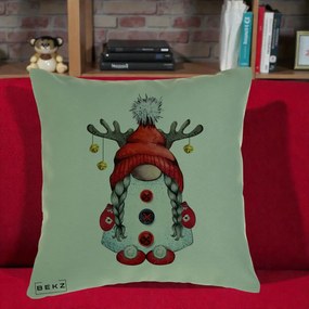 Perna Decorativa Pitic Gnom Craciun cu Coarne de Ren, 40x40 cm, Verde, Husa Detasabila, Perna Inclusa, BEKZ®