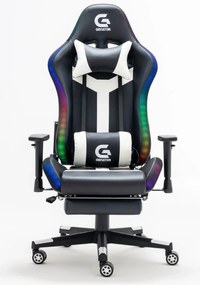 Scaun gaming, Masaj in 7 puncte, Incalzire, sistem iluminare bandă LED RGB, boxe Bluetooth, masaj în perna lombară, sezut benzi elastice sustinere, funcție șezlong, 90-180 grade, suport picioare, Negru/Alb