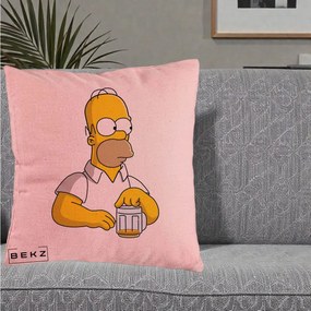 Perna Personalizata Homer Simpson cu Bere, 40x40 cm, Roz, Husa Detasabila, Perna Inclusa, BEKZ®