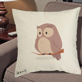 Perna Decorativa Bufnita Kawaii pe Creanga, 40x40 cm, Ecru, Husa Detasabila, Perna Inclusa, BEKZ®
