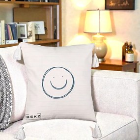Perna Decorativa Smile Desen Minimalist, 40x40 cm, Bej cu Franjuri, Husa Detasabila, Perna Inclusa, BEKZ®